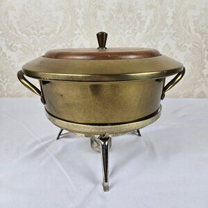 VTG Georges Briard Brass & Wood Chafing Warming Dish 1-1/2 Quart Pyrex Insert